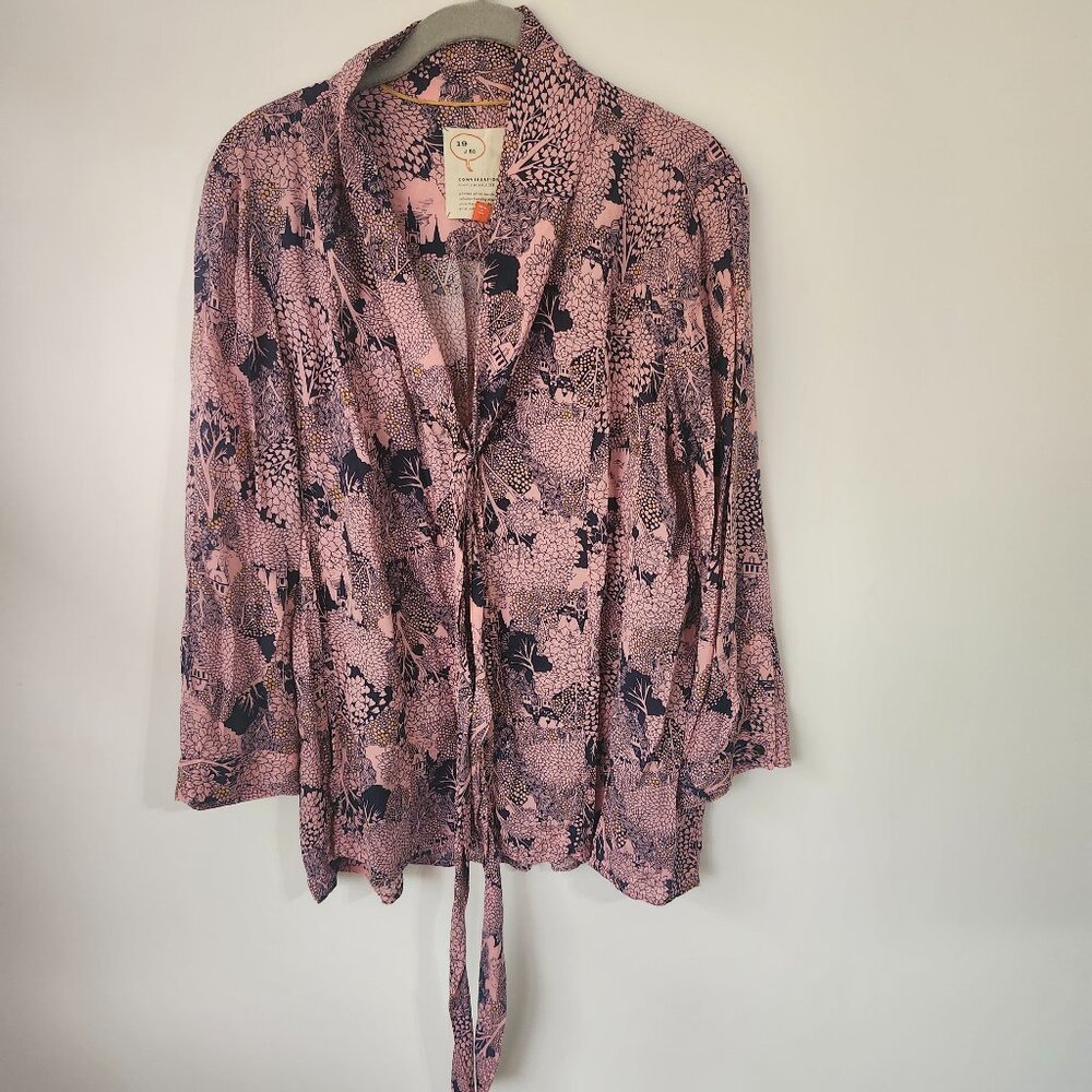 Anthropologie 19 of 52 Conversations Tie Front Blouse Womens 14 Pink Floral Top